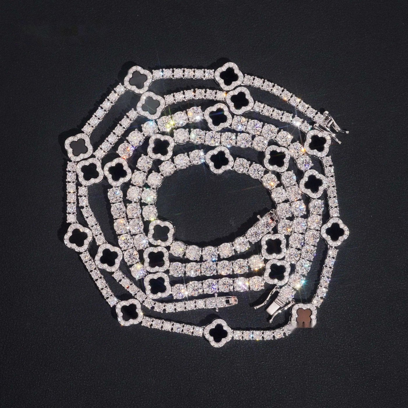 Black Agate Clover Tennis Chain — Moissanite, 925 Silver