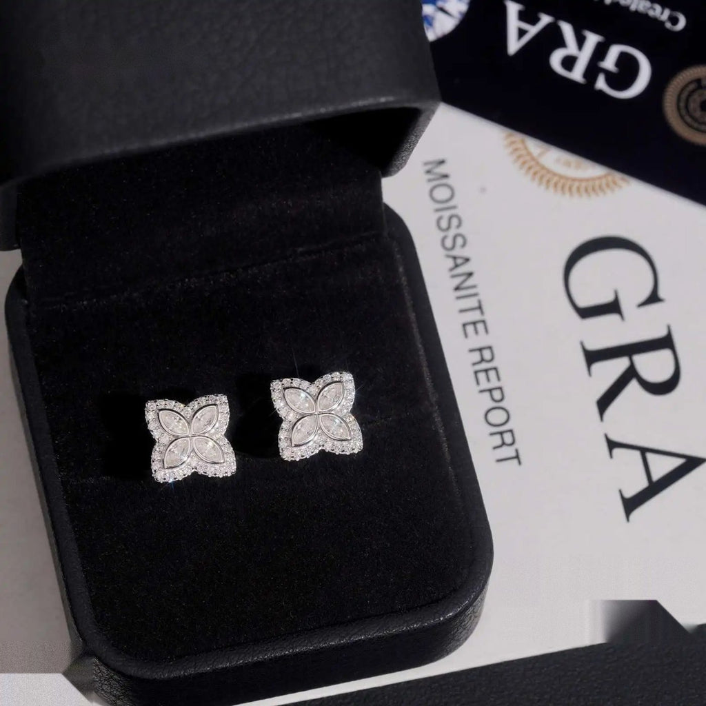 Clover Marquise Stud Earrings — Moissanite, 925 Silver
