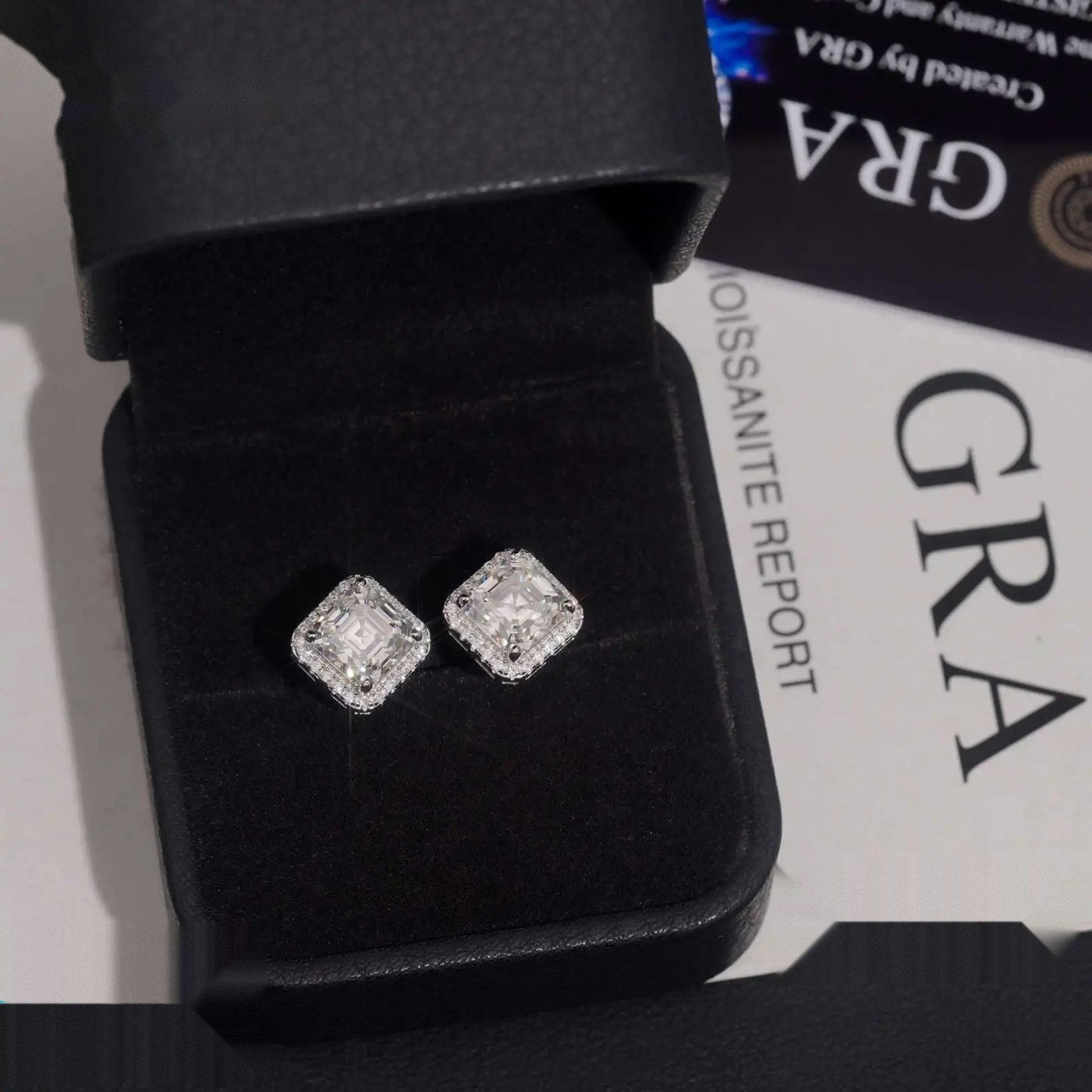 Iced Square Halo Stud Earrings — Moissanite, 925 Silver