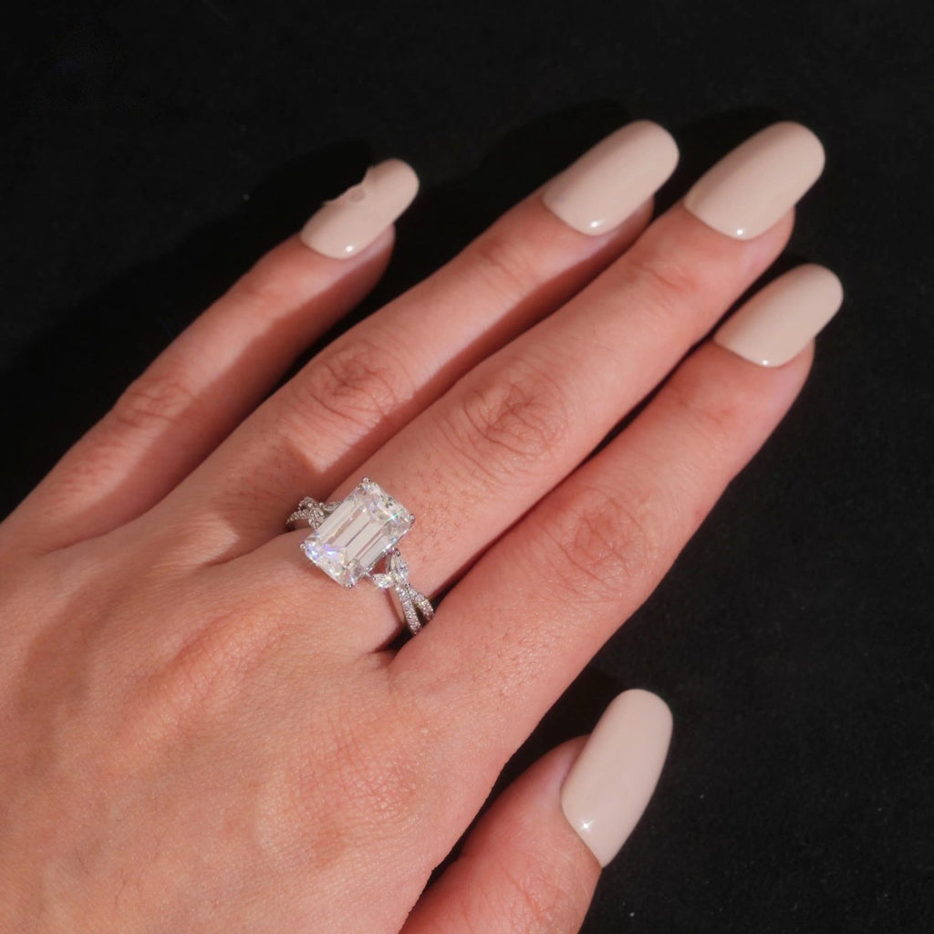 Emerald Cut Twist Band Ring — Moissanite, 925 Silver