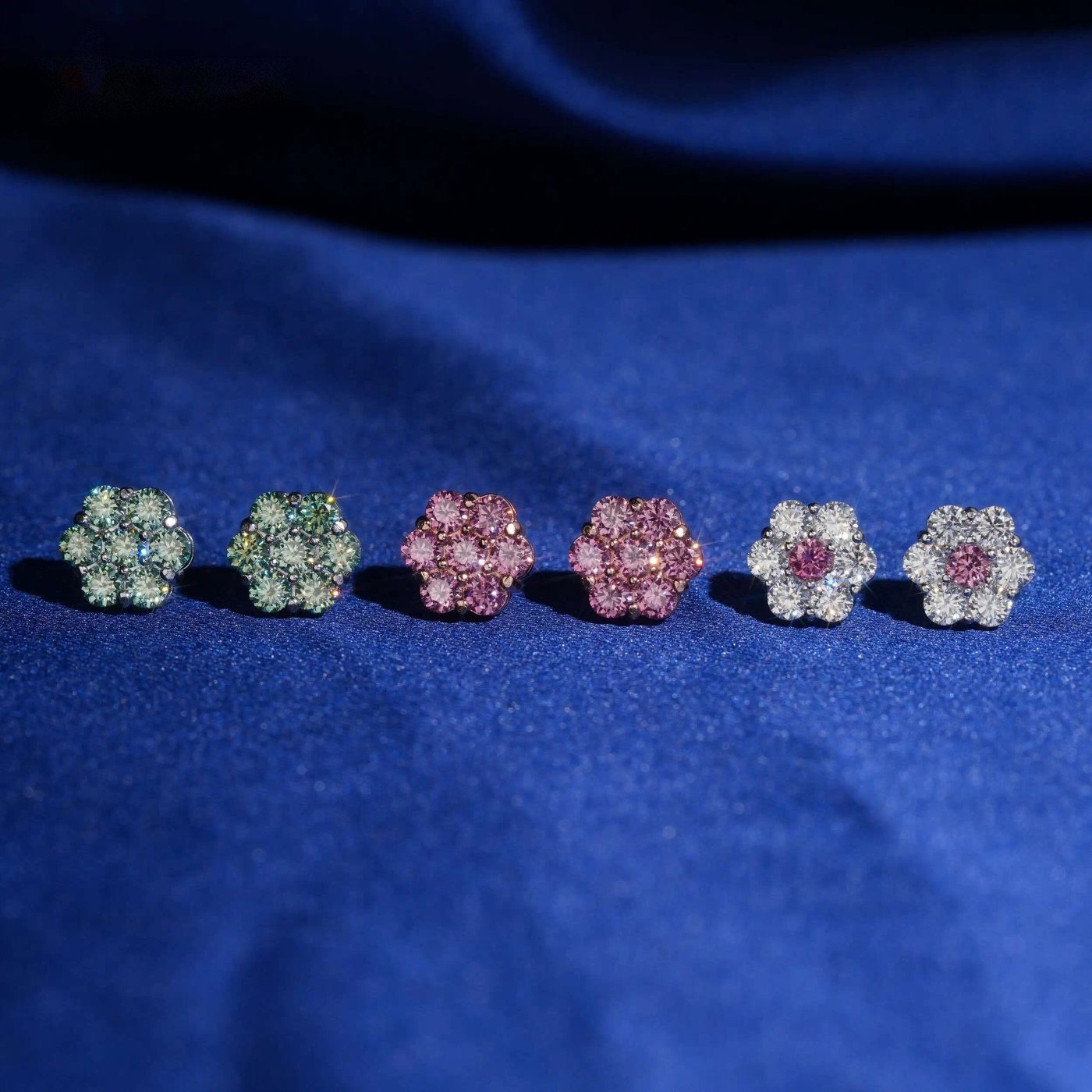 Colored Flower Cluster Studs — Moissanite, 925 Silver