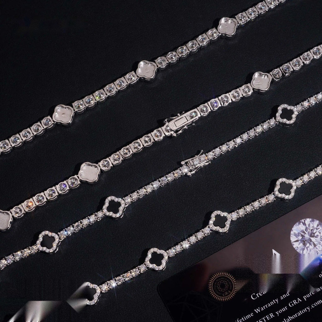 Black Agate Clover Tennis Chain — Moissanite, 925 Silver