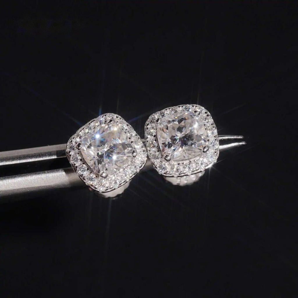 Iced Cushion Halo Stud Earrings — Moissanite, 925 Silver
