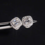 Iced Cushion Halo Stud Earrings — Moissanite, 925 Silver