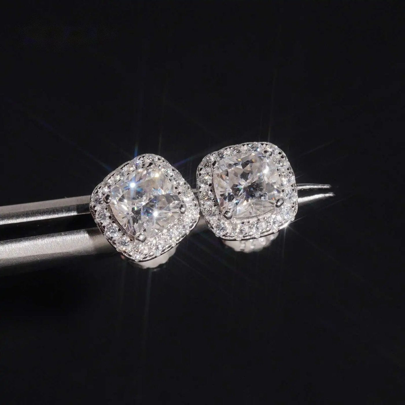 Iced Cushion Halo Stud Earrings — Moissanite, 925 Silver