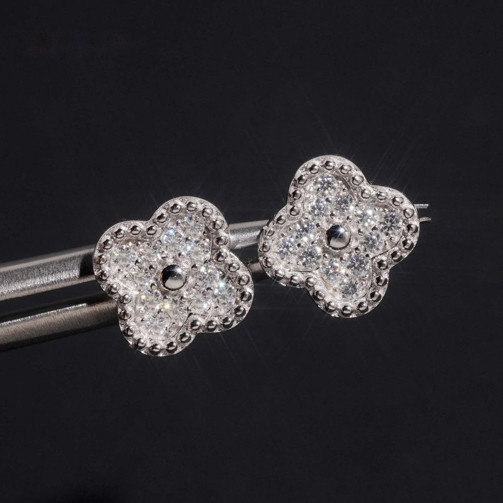 Clover Pavé Stud Earrings — Moissanite, 925 Silver