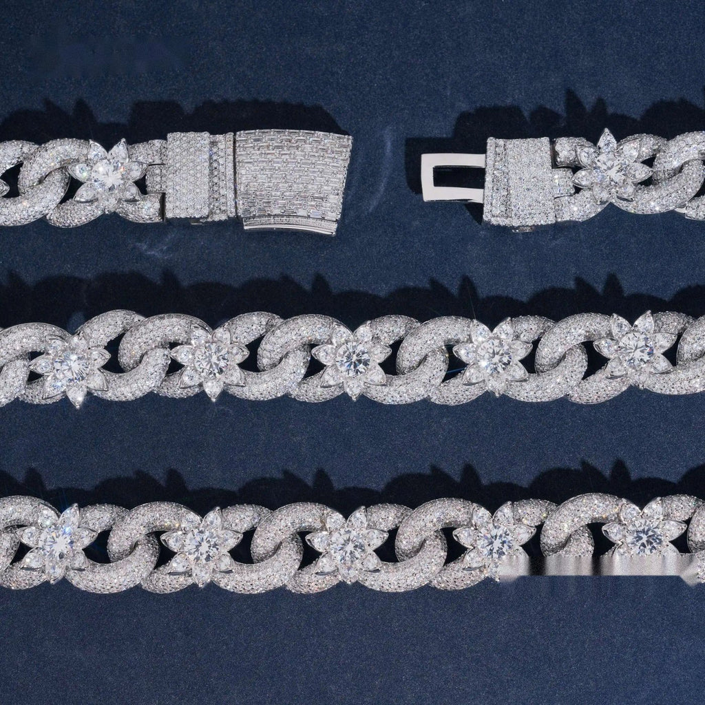 18mm Bling Flower Cuban Chain — Moissanite, 925 Silver