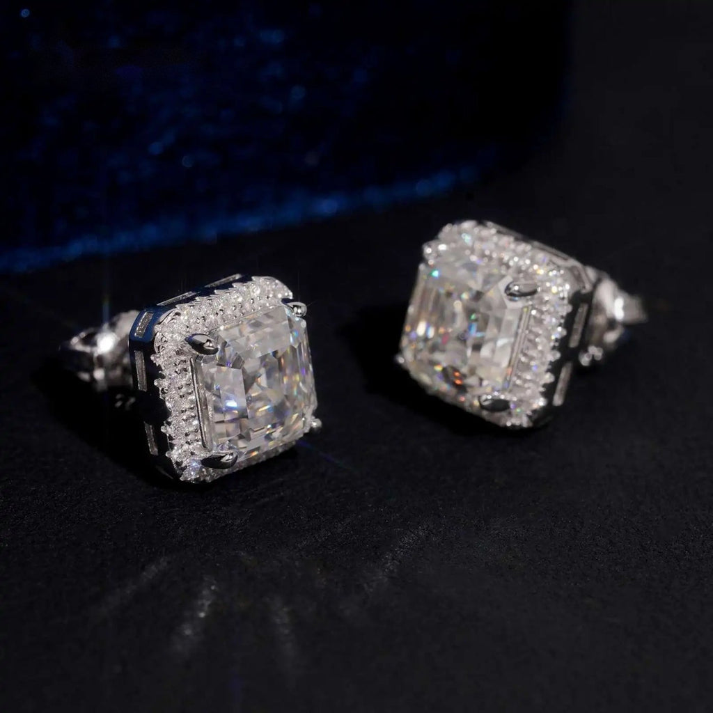 Iced Square Halo Stud Earrings — Moissanite, 925 Silver