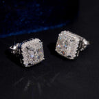 Iced Square Halo Stud Earrings — Moissanite, 925 Silver