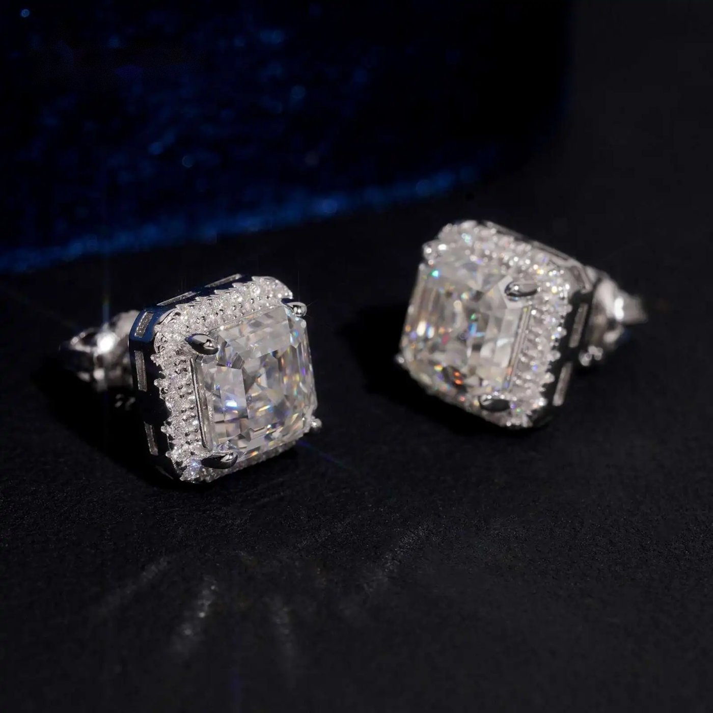 Iced Square Halo Stud Earrings — Moissanite, 925 Silver
