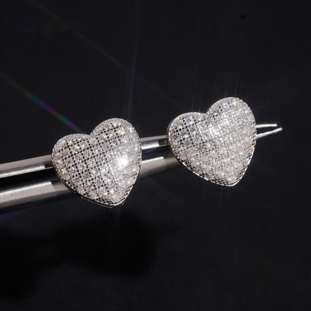 Pavé Heart Stud Earrings — Moissanite, 925 Silver