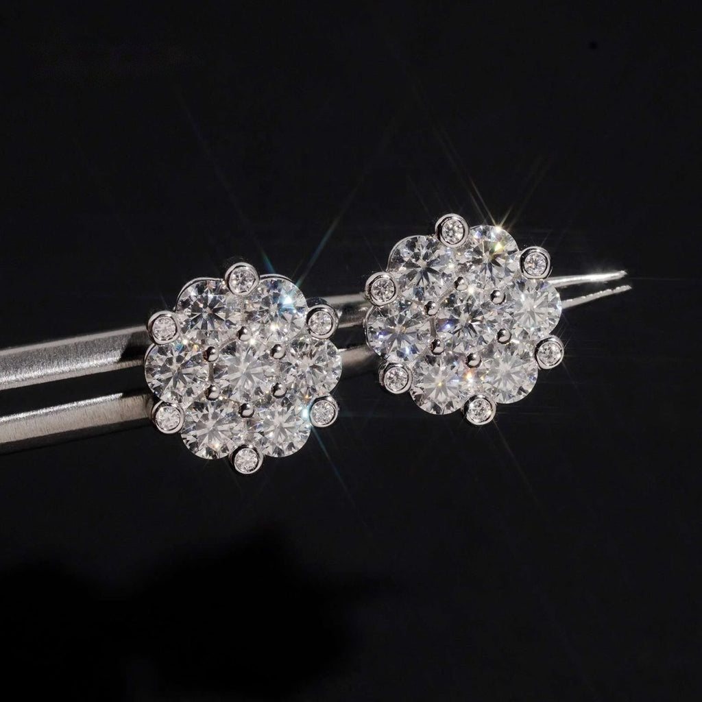 Flower Cluster Stud Earrings — Moissanite, 925 Silver