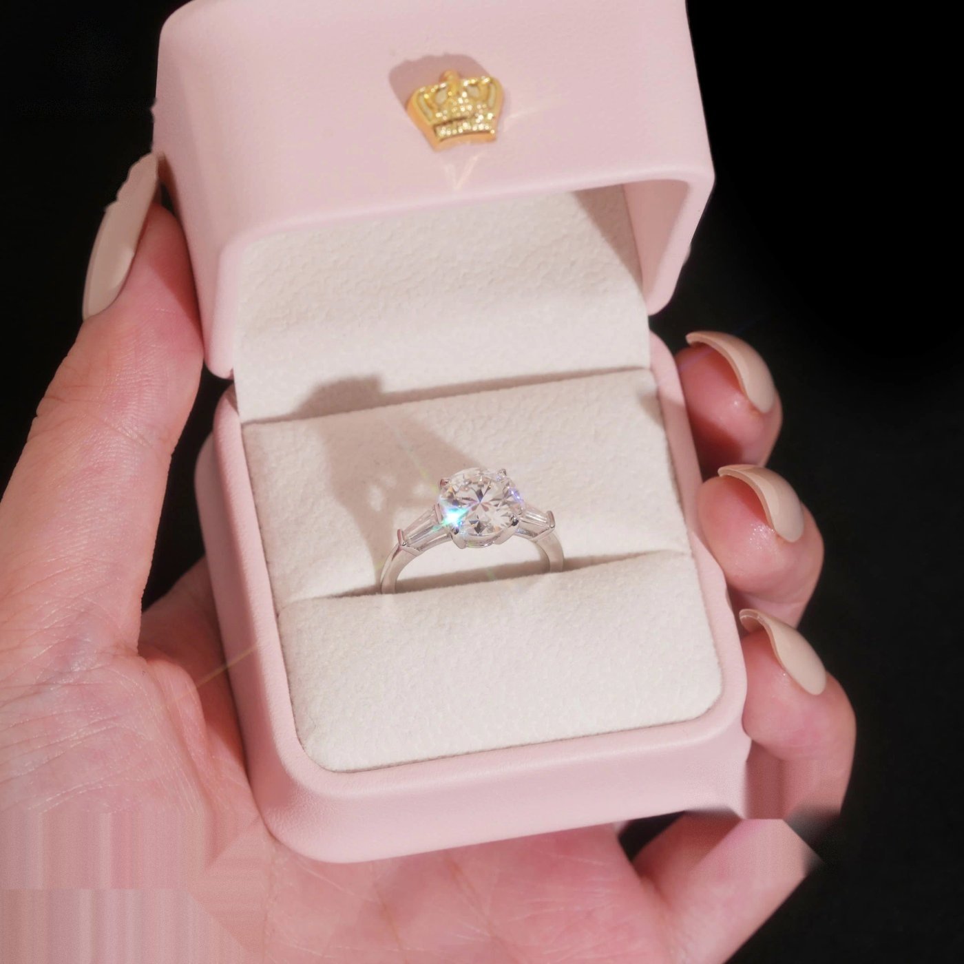 Round Cut Tapered Baguette Ring — Moissanite, 925 Silver