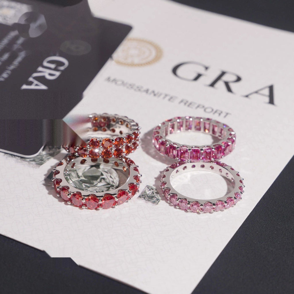 Garnet & Pink Color Eternity Band — Moissanite, 925 Silver