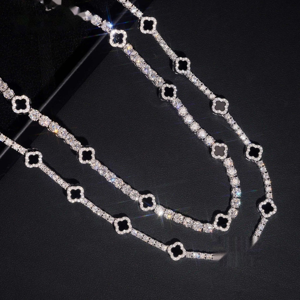 Black Agate Clover Tennis Chain — Moissanite, 925 Silver
