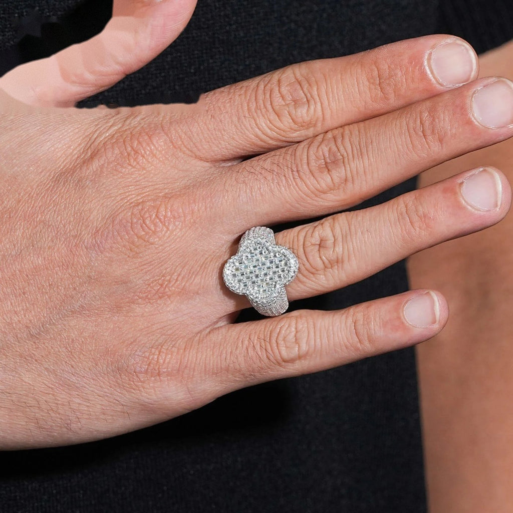 Men's Clover Half-Pavé Band Ring — Moissanite, 925 Silver