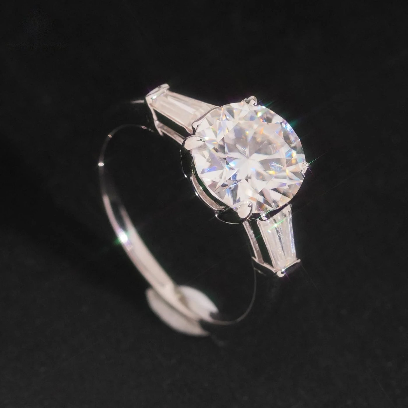 Round Cut Tapered Baguette Ring — Moissanite, 925 Silver