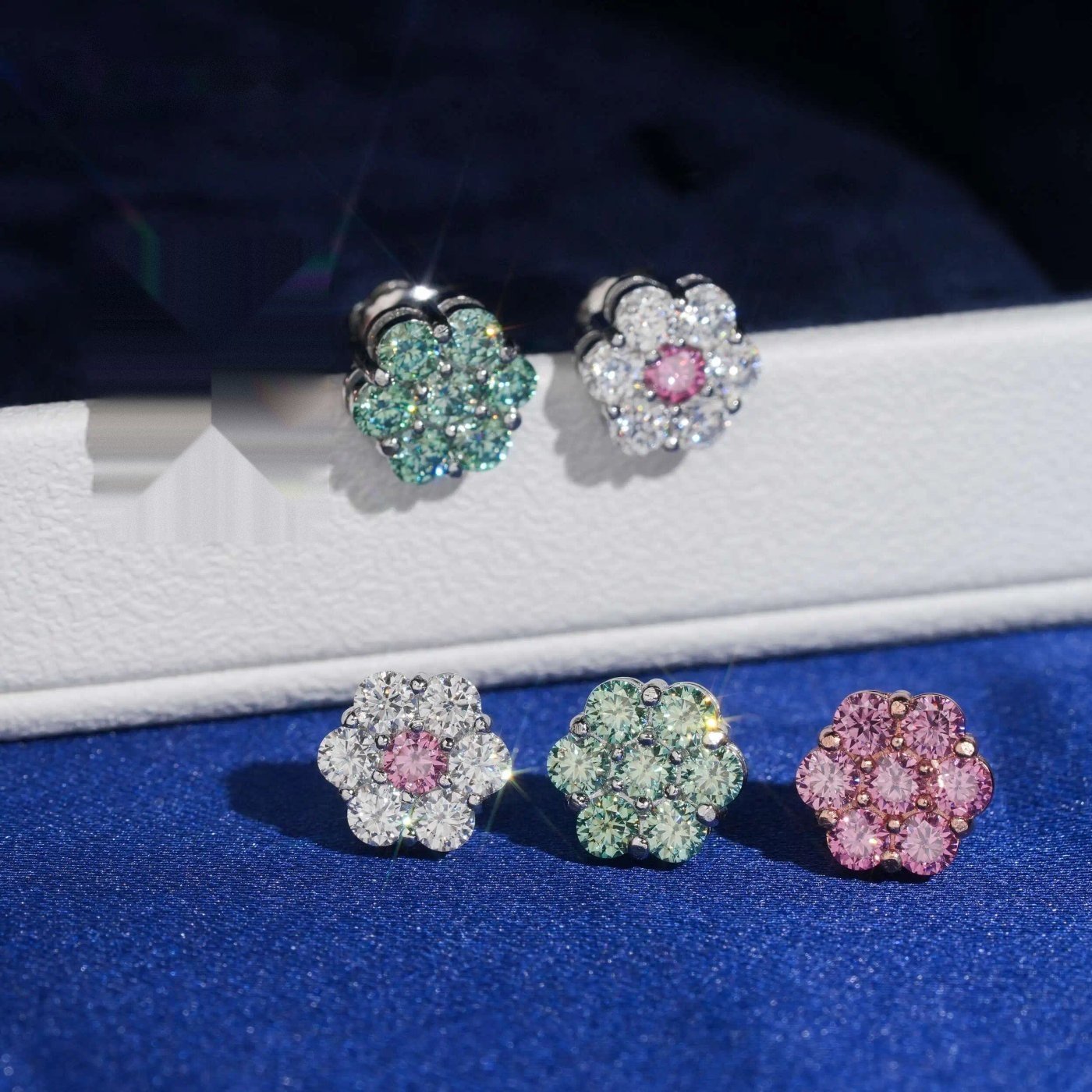 Colored Flower Cluster Studs — Moissanite, 925 Silver