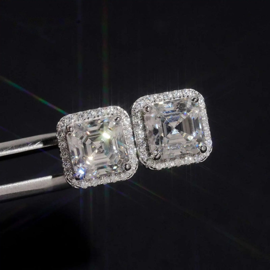 Iced Square Halo Stud Earrings — Moissanite, 925 Silver