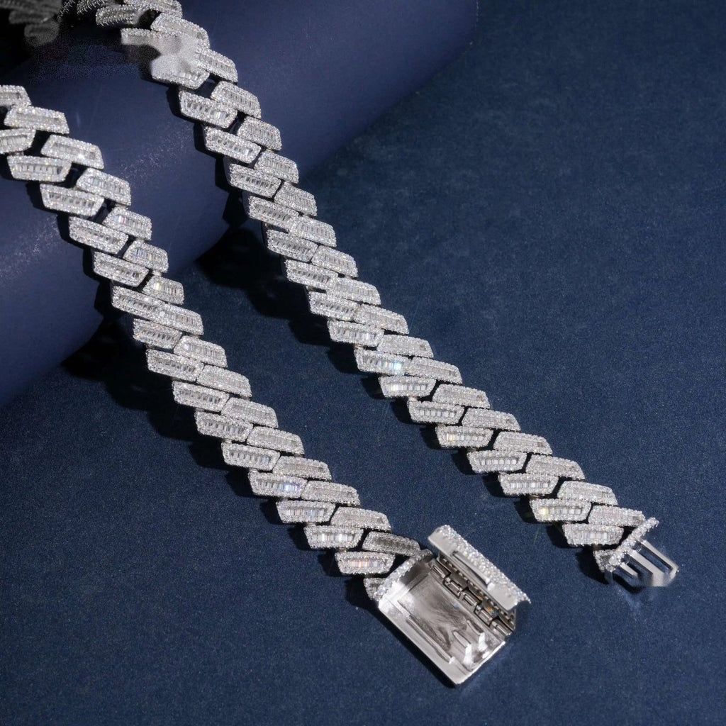 15mm Baguette Cuban Chain — Moissanite, 925 Silver