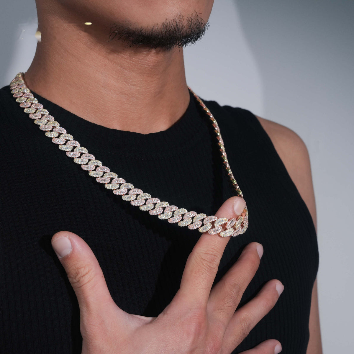 13mm Two Tone Baguette Cuban Chain — Moissanite, 925 Silver