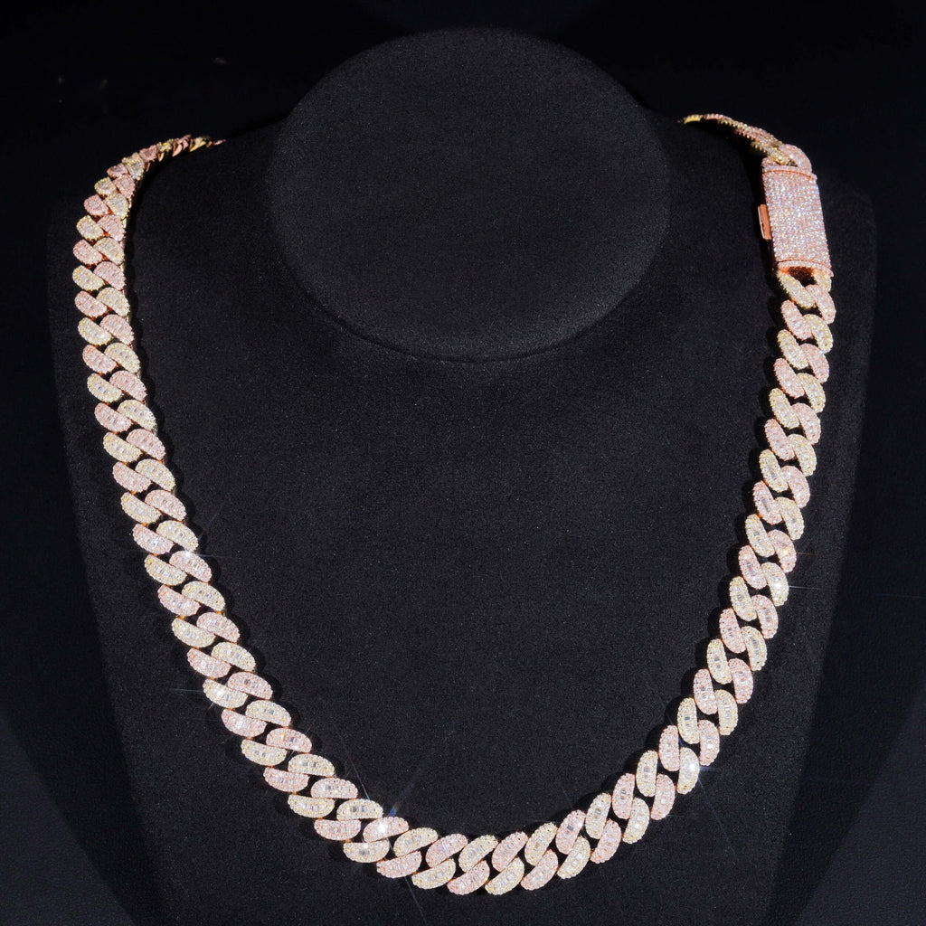 13mm Two Tone Baguette Cuban Chain — Moissanite, 925 Silver
