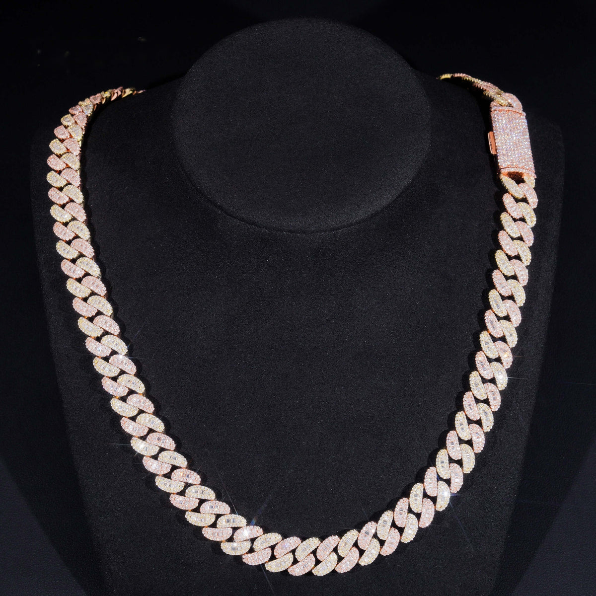 13mm Two Tone Baguette Cuban Chain — Moissanite, 925 Silver