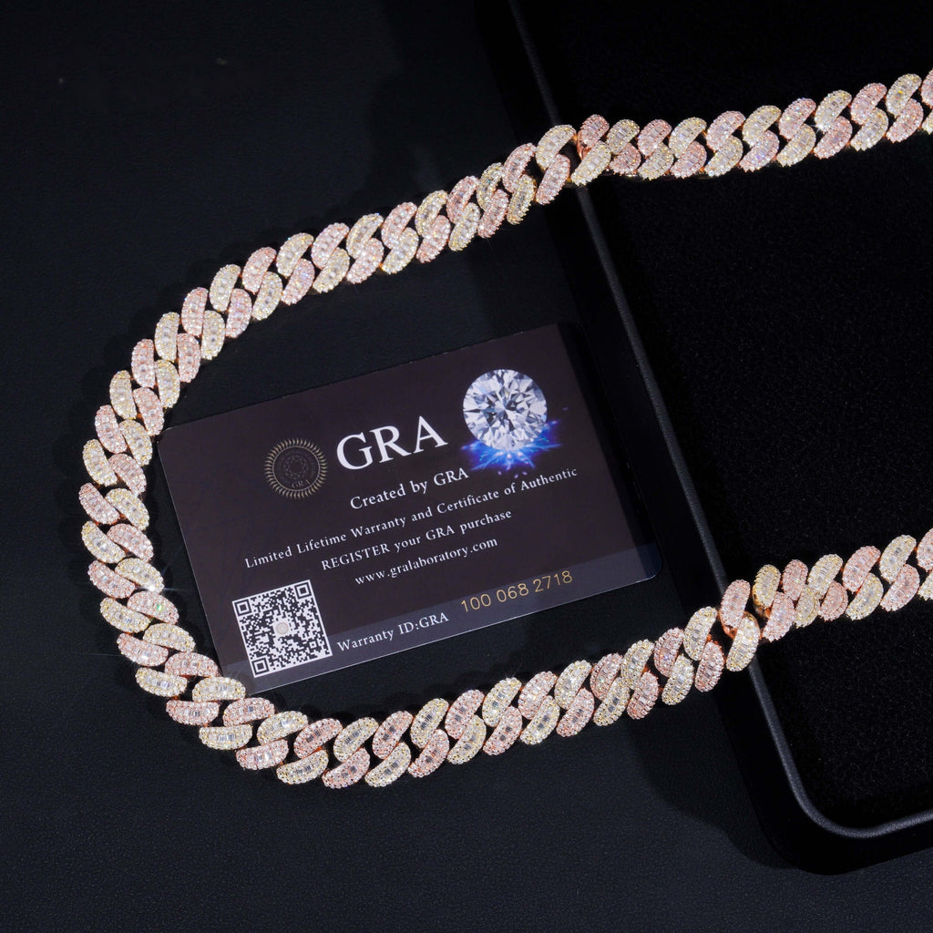 13mm Two Tone Baguette Cuban Chain — Moissanite, 925 Silver