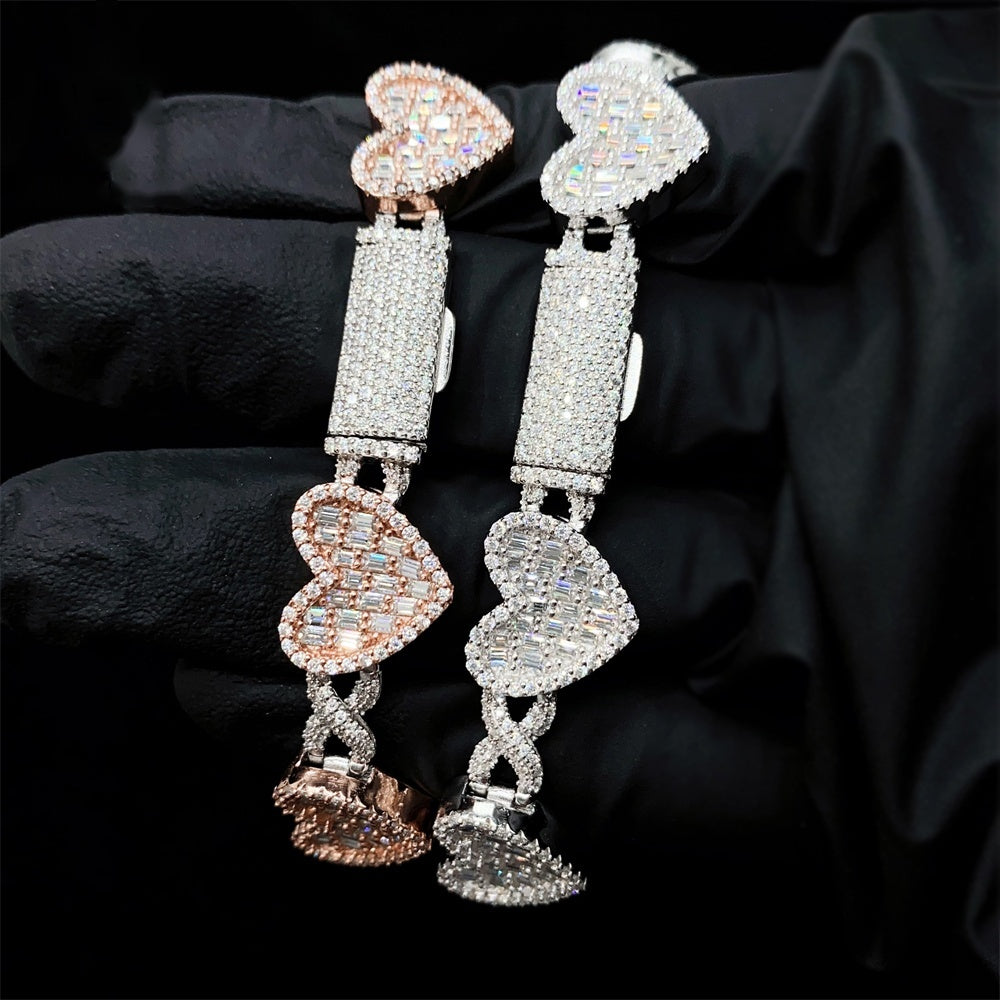 14mm Baguette Heart Cuban Bracelet — Moissanite, 925 Silver