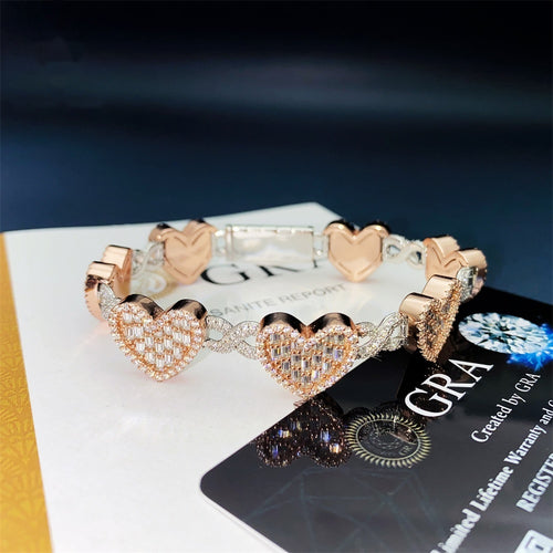 14mm Baguette Heart Cuban Bracelet — Moissanite, 925 Silver