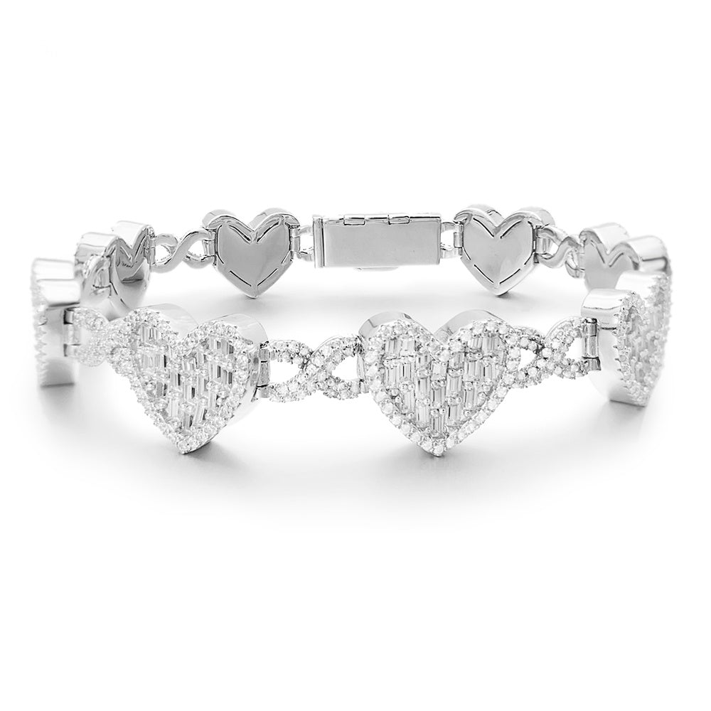 14mm Baguette Heart Cuban Bracelet — Moissanite, 925 Silver