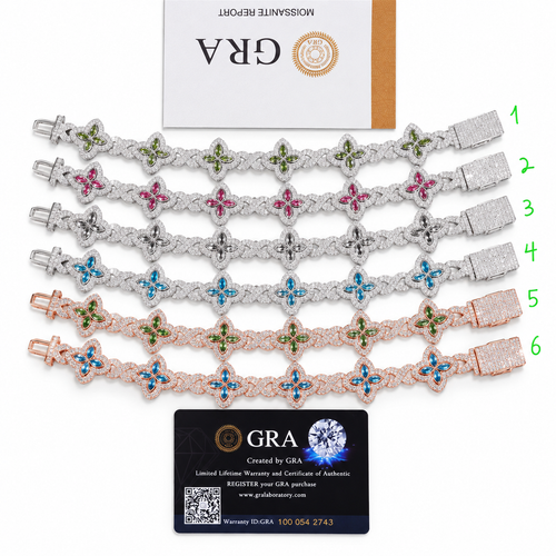 14mm Gemstone Clover Bracelet with moissanite in 925 silver