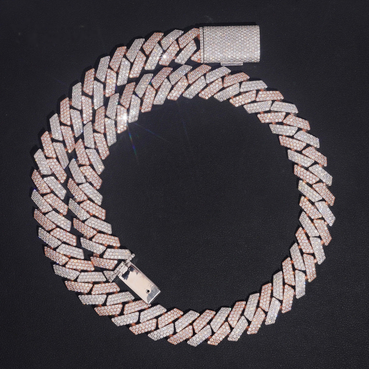 15mm Two Tone Prong Cuban Chain — Moissanite, 925 Silver