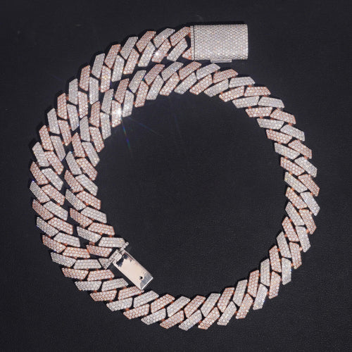 15mm Two Tone Prong Cuban Chain — Moissanite, 925 Silver