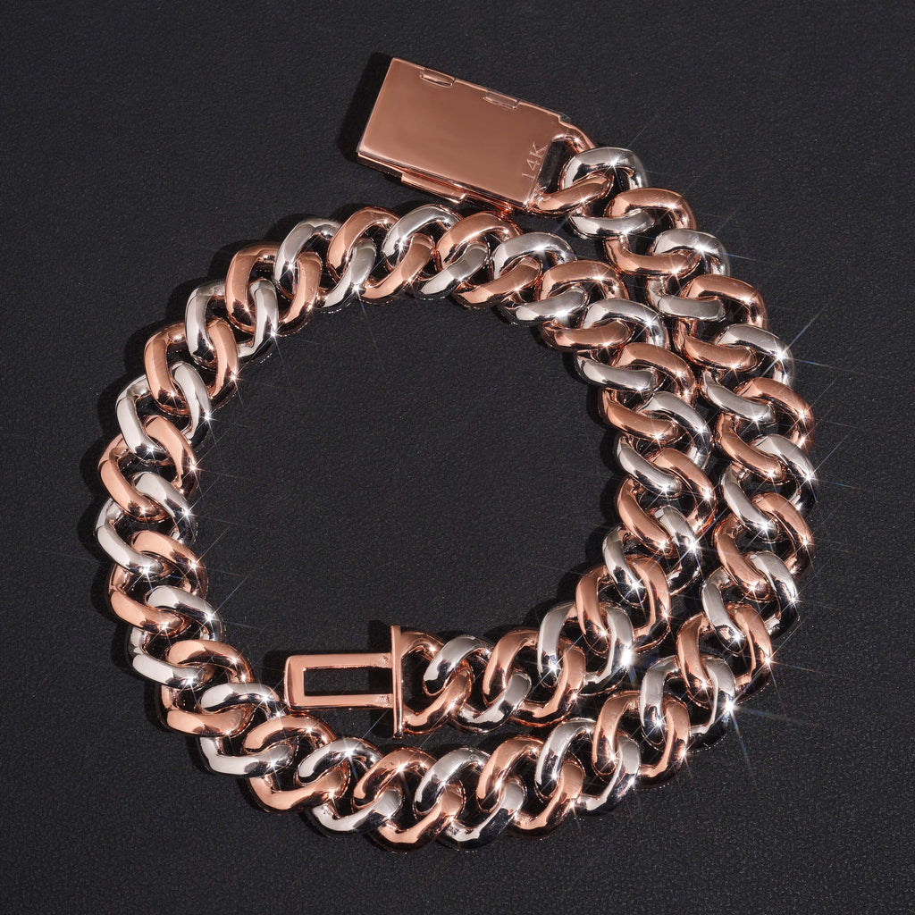 15mm Two Tone Raised Cuban Chain — Moissanite, 925 Silver