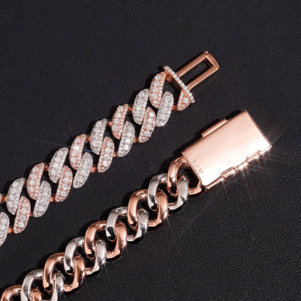 15mm Two Tone Raised Cuban Chain — Moissanite, 925 Silver
