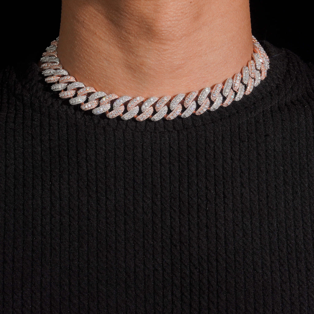 15mm Two Tone Raised Cuban Chain — Moissanite, 925 Silver