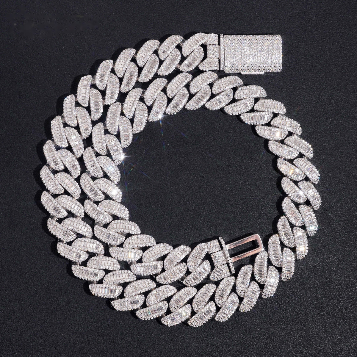 17mm Cuban Chain Baguette Setting — Moissanite, 925 Silver