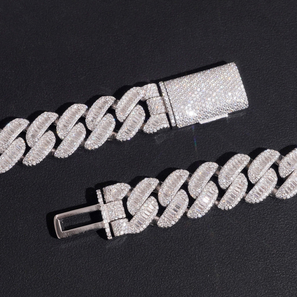 17mm Cuban Chain Baguette Setting — Moissanite, 925 Silver