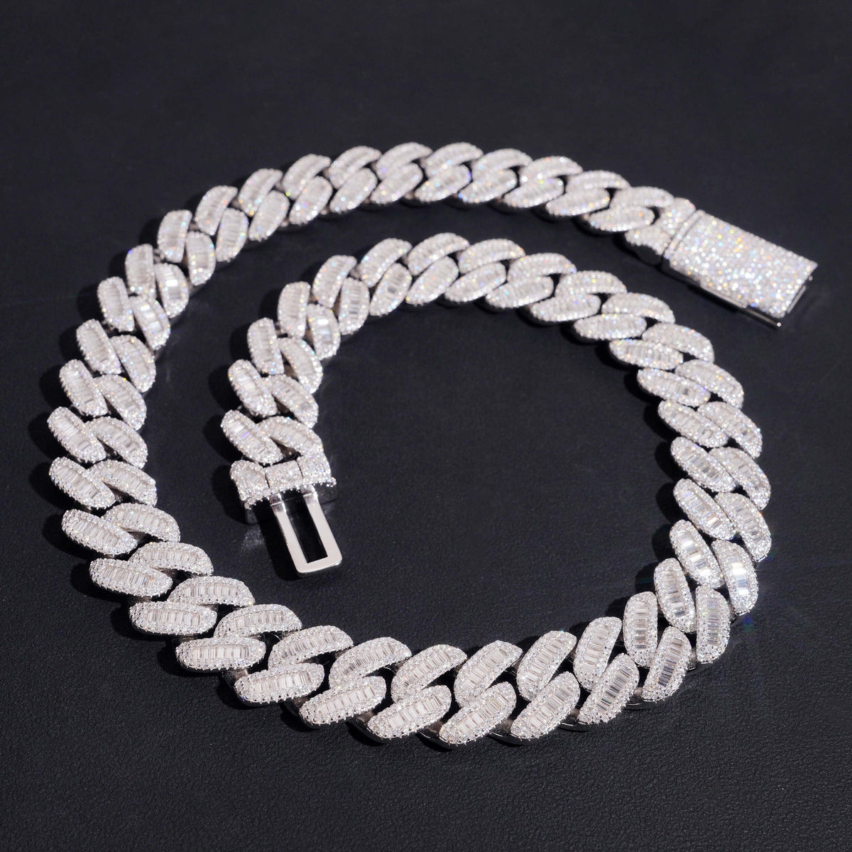 17mm Cuban Chain Baguette Setting — Moissanite, 925 Silver