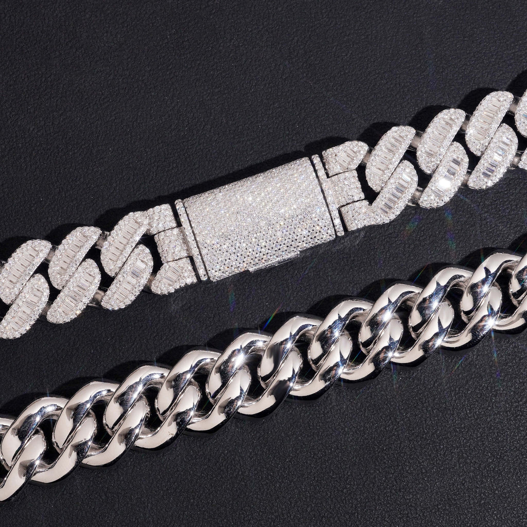 17mm Cuban Chain Baguette Setting — Moissanite, 925 Silver