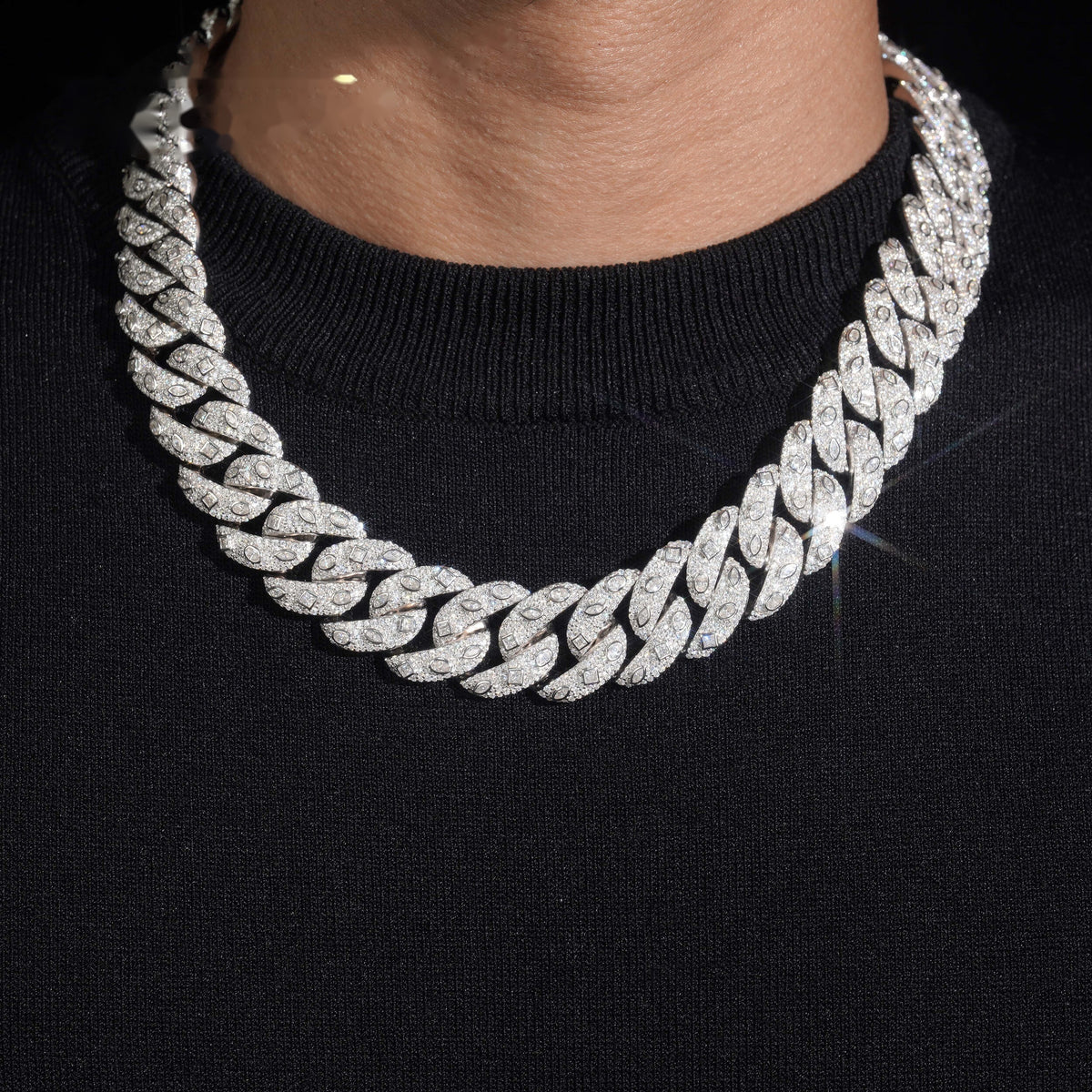 20mm Fancy Cut Cuban Chain — Moissanite, 925 Silver