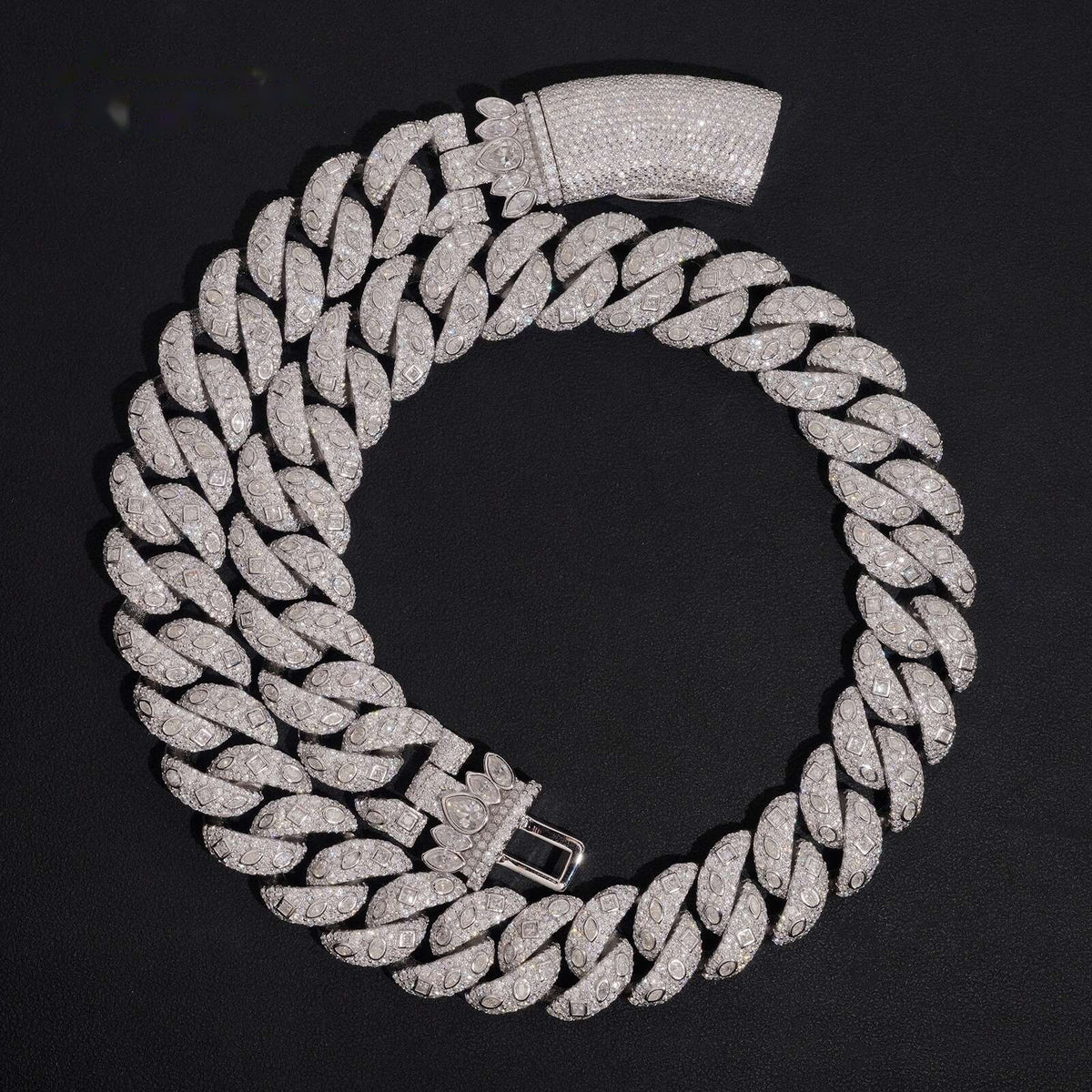 20mm Mixed Cut Cuban Chain — Moissanite, 925 Silver
