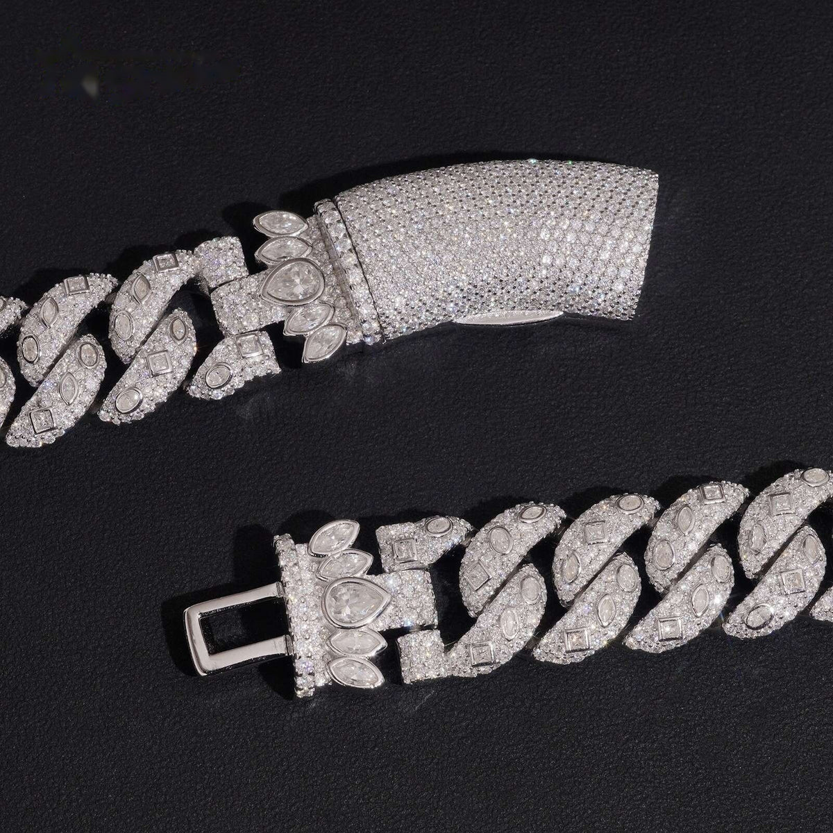 20mm Mixed Cut Cuban Chain — Moissanite, 925 Silver