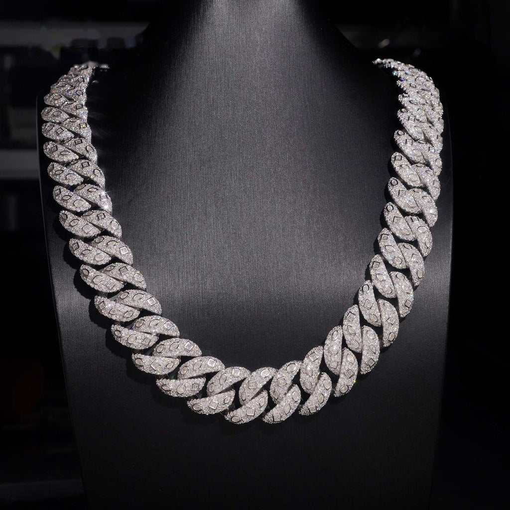 20mm Mixed Cut Cuban Chain — Moissanite, 925 Silver