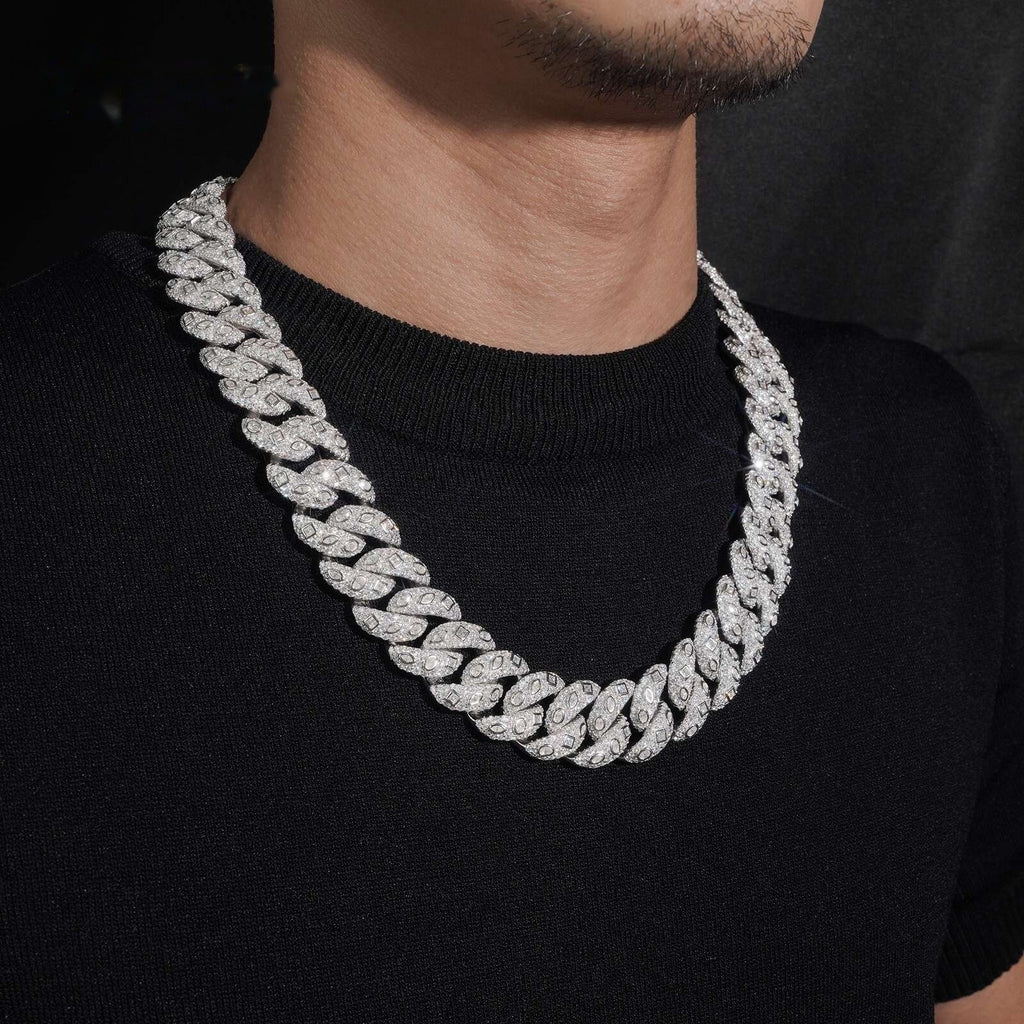 20mm Mixed Cut Cuban Chain — Moissanite, 925 Silver