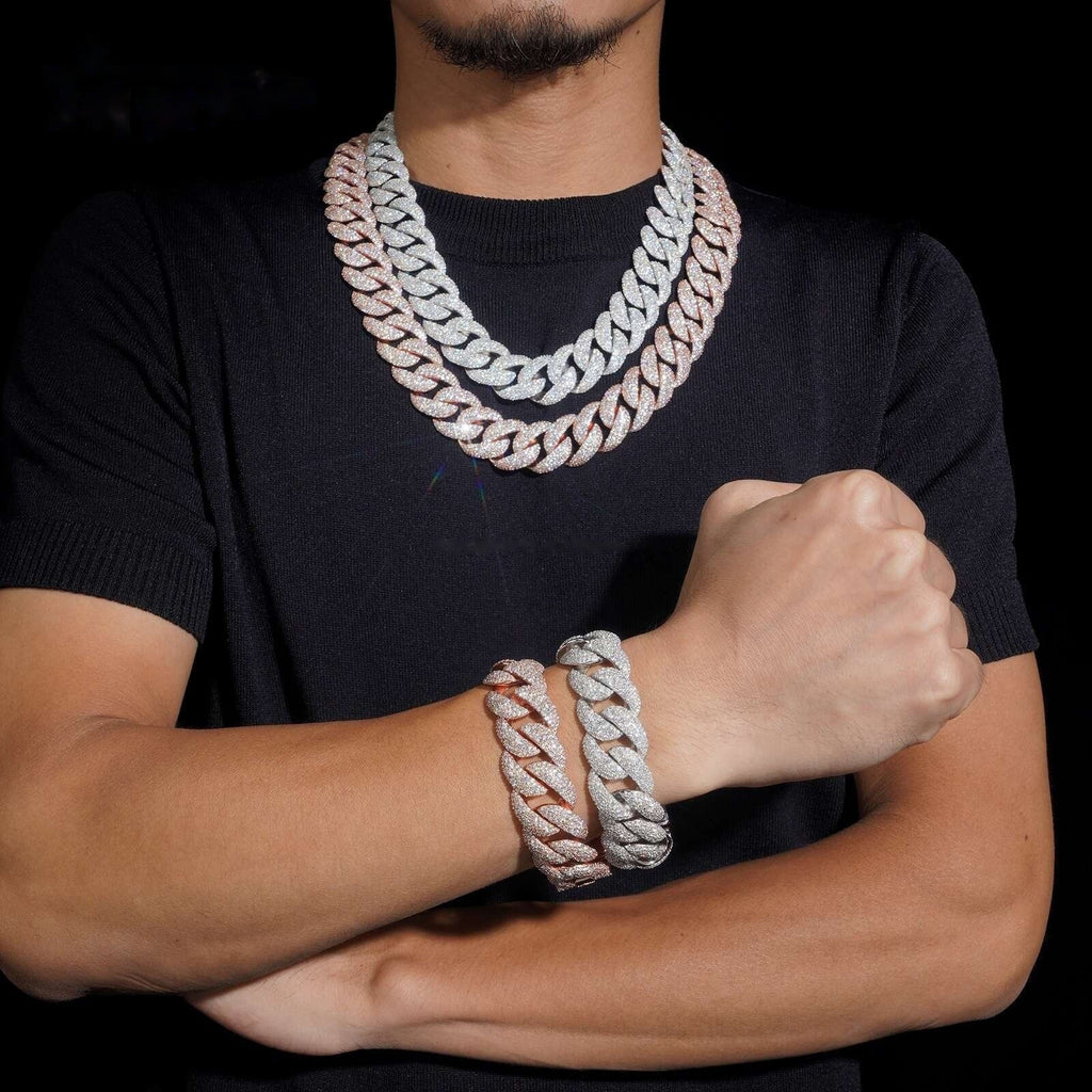 20mm Mosaic Cuban Chain New Lock — Moissanite, 925 Silver