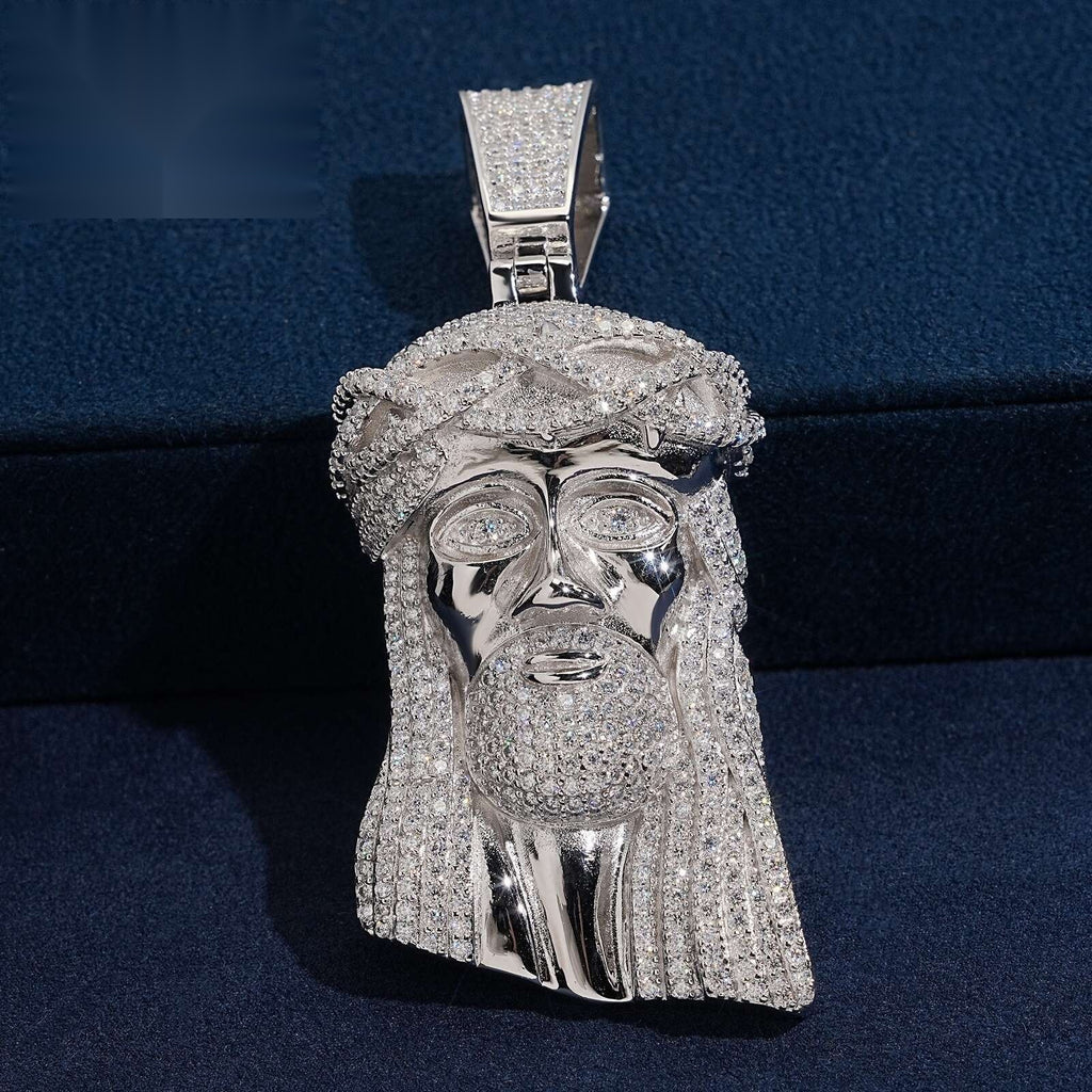 3" Jesus Head Pendant — Moissanite & CZ, 925 Silver