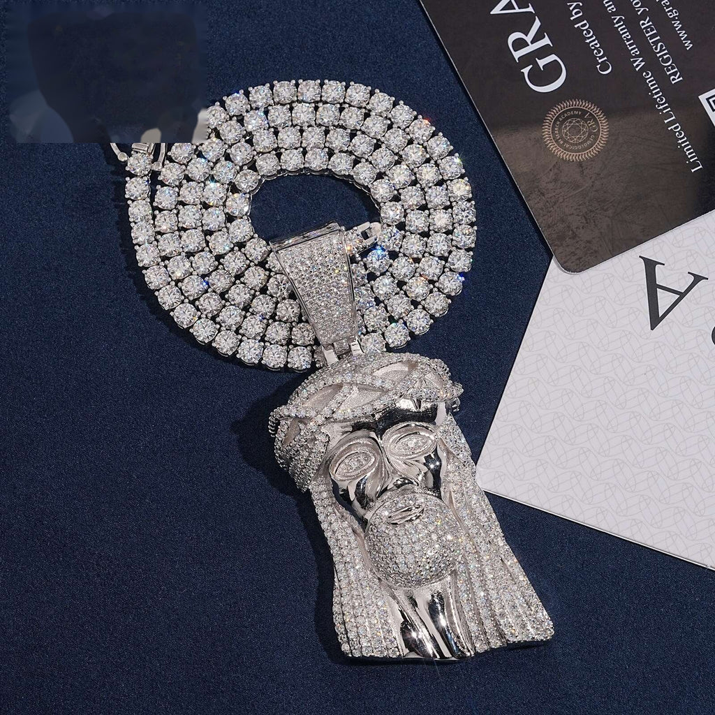 3" Jesus Head Pendant — Moissanite & CZ, 925 Silver
