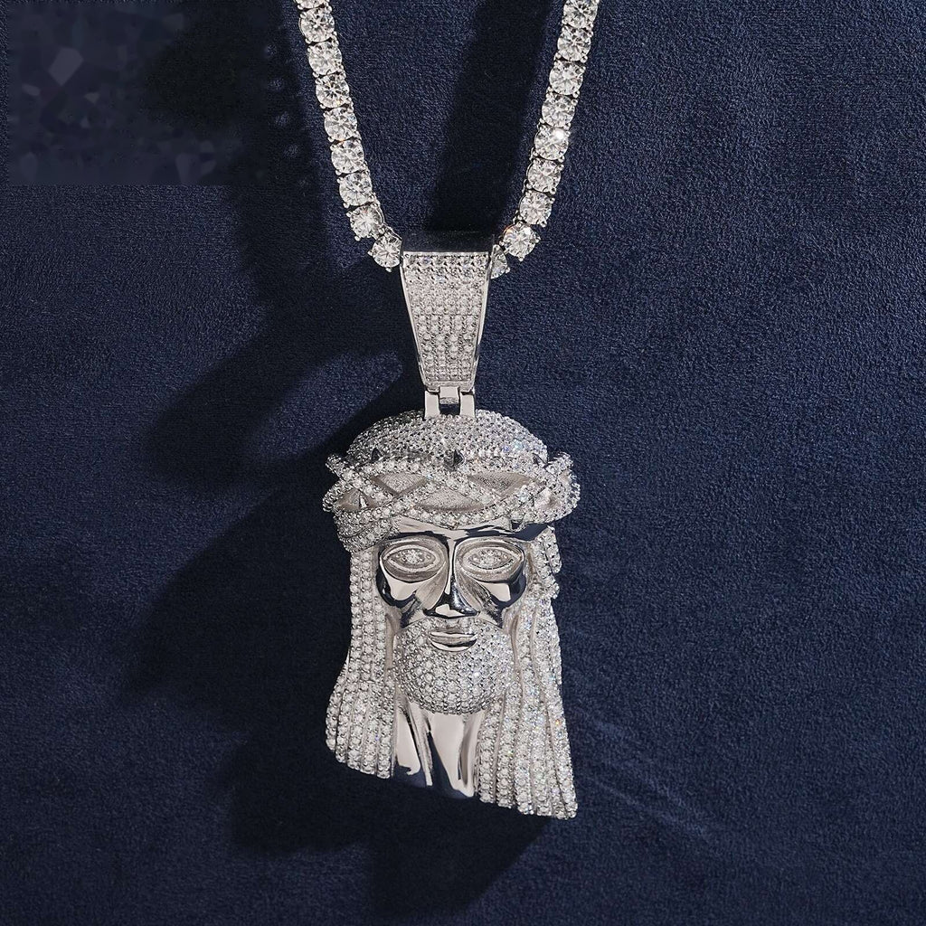 3" Jesus Head Pendant — Moissanite & CZ, 925 Silver